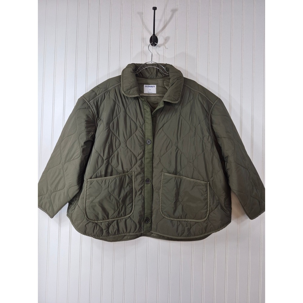 Old Navy Women 2X Olive Green Quilted Liner Jacket Button Front Pockets Outdoor